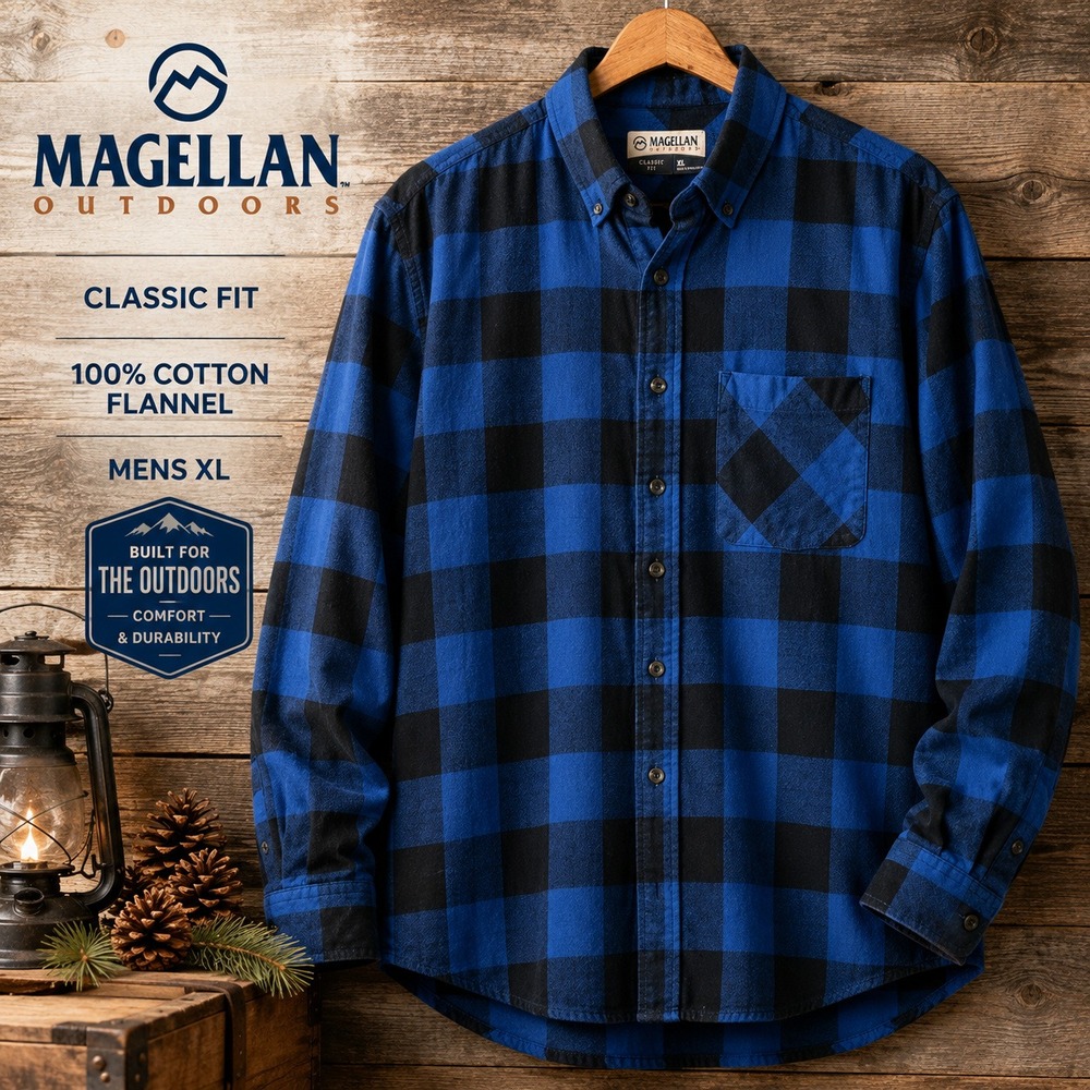 Magellan Flannel Shirt Mens XL Blue Black Plaid Button Down Classic Fit Outdoor